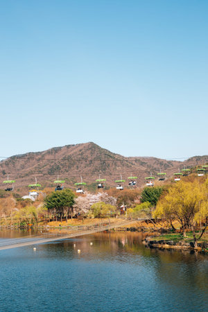 Lake and chairlift at Seoul grand park in Gwacheon, Korea