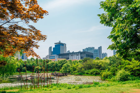 Ilsan Lake Park and modern buildings in Goyang, Koreaのeditorial素材