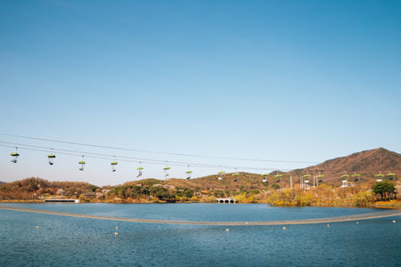 Lake and chairlift at Seoul grand park in Gwacheon, Koreaのeditorial素材