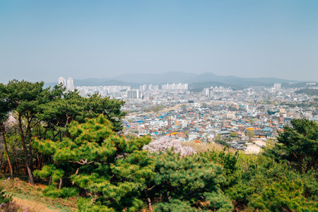 Panoramic view of Suwon city from Paldalsan Mountain in Suwon, Koreaのeditorial素材