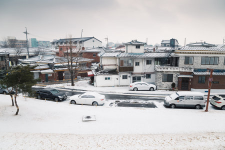 Snow covered town at winter in Suwon, Korea