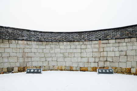 Korean Traditional Architecture Hwaseong Fortress at winter in Suwon, Koreaのeditorial素材