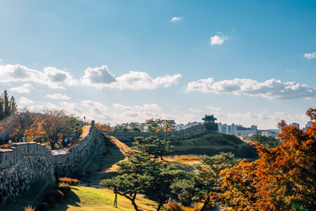 Panoramic view of Hwaseong fortress at autumn in Suwon, Koreaのeditorial素材