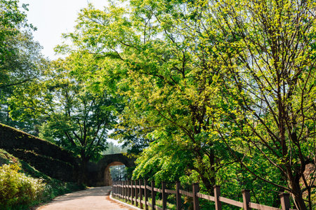 Jukjusanseong mountain fortress gate with green trees in Anseong, Korea