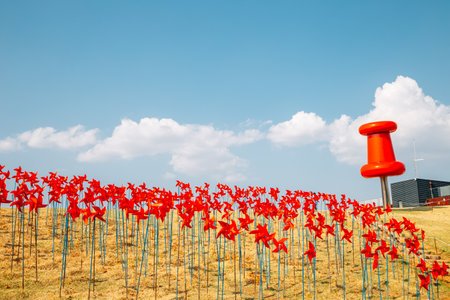 Paju, Korea - April 6, 2021 : Red pinwheels at Imjingak Pyeonghoa-Nuri parkのeditorial素材