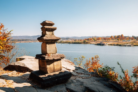 Silleuksa Temple stone tower with Namhan River at autumn in Yeoju, Korea