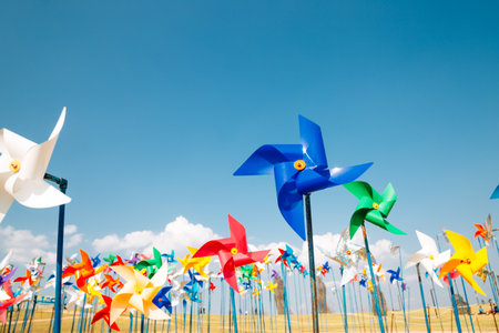 Colorful pinwheels at Imjingak Pyeonghoa-Nuri park in Paju, Koreaのeditorial素材