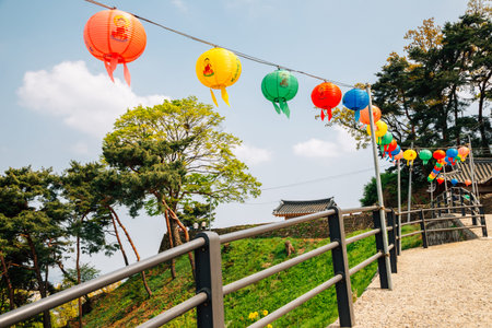 Doksanseong Fortress Bojeoksa temple with Buddha's Birthday colorful lanterns in Osan, Korea