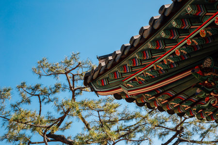 Korean traditional eaves roof at Yeongnamnu pavilion in Miryang, Koreaのeditorial素材