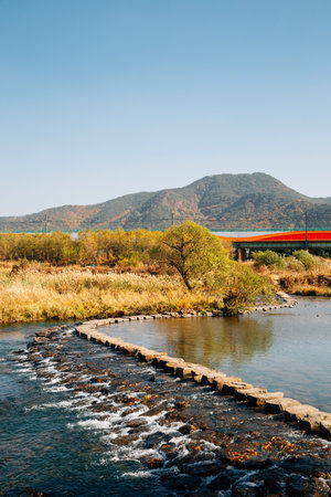 Miryang river and mountain at autumn in Miryang, Koreaのeditorial素材
