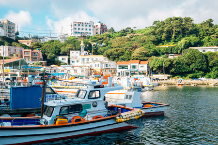 Geoje, Korea - August 3, 2015 : Seaside village and portのeditorial素材