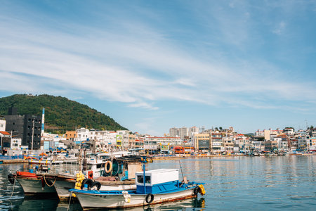 Tongyeong, Korea - October 24, 2021 : Gangguan port and seaside town
