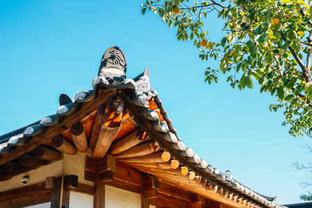 Korean traditional wooden roof at Gyochon Hanok Village in Gyeongju, Koreaのeditorial素材