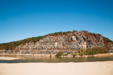 Buyongdae cliff and Nakdong river at Andong Hahoe Village in Andong, Koreaのeditorial素材