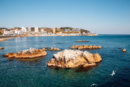 Beach town view from Samsa Marine Walkway in Yeongdeok, Koreaのeditorial素材