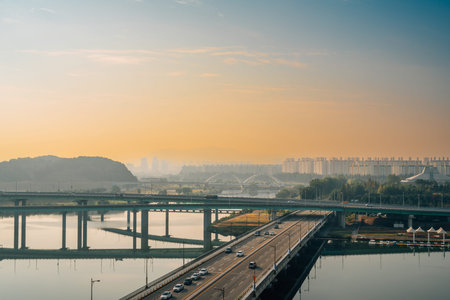 Panoramic view of Daejeon city and Gapcheon river at sunrise in Korea