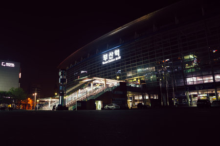 Busan, Korea - April 2, 2016 : Busan train station square night viewのeditorial素材