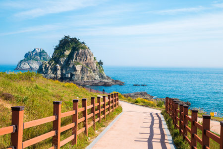 Coastal walks, Oryukdo islands at spring in Busan, Koreaのeditorial素材