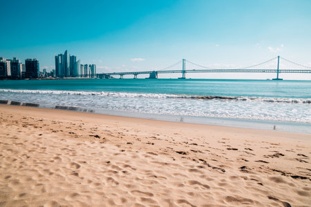 Gwangan bridge with beach in Busan, Koreaのeditorial素材