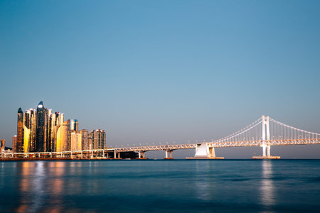 Night view of Gwangan bridge with beach in Busan, Korea