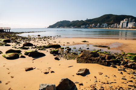 Songjeong beach with modern buildings in Busan, Koreaのeditorial素材
