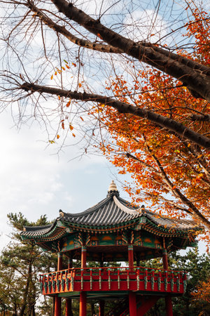Haewoljeong Korean traditional pavilion with autumn leaves at Haeundae Dalmaji-gil Moontan Road in Busan, Koreaのeditorial素材