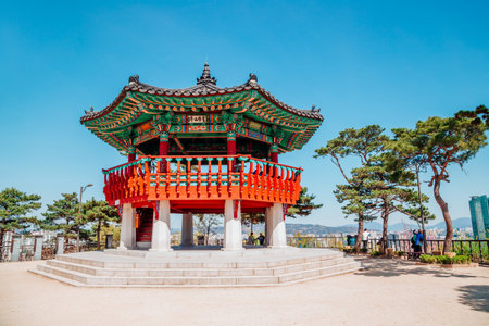 Seoul, Korea - April 10, 2017 : Korean traditional octagonal pavilion at Eungbongsan mountainのeditorial素材