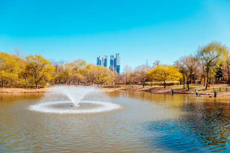 Fountain on pond at Seoul forest park in Koreaのeditorial素材