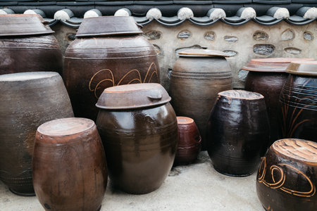 Jangdokdae, Jars and Korean traditional stone wallのeditorial素材