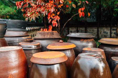 Jangdokdae, Korean traditional crocks or jars at Namsangol Hanok Village in Seoul, Korea