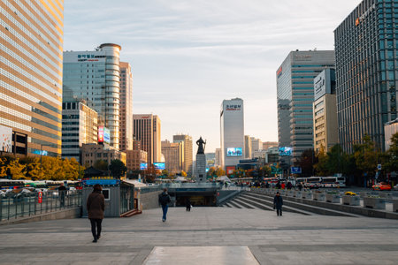 Seoul, Korea - November 9, 2016 : Gwanghwamun square Modern buildings and Seoul city viewのeditorial素材
