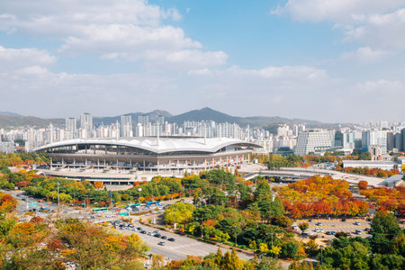 Seoul Stadium and Seoul city panorama view from Sky park at autumn in Seoul, Koreaのeditorial素材