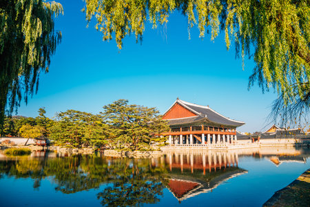 Gyeongbokgung Palace Gyeonghoeru with pond in Seoul, Koreaのeditorial素材