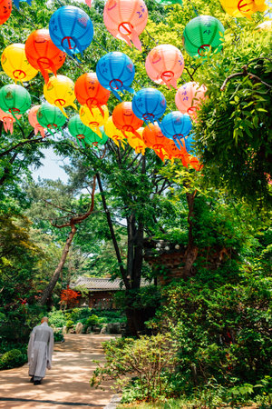 Seoul, Korea - May 21, 2020 : Gilsangsa temple with Buddha's Birthday colorful lanternsのeditorial素材