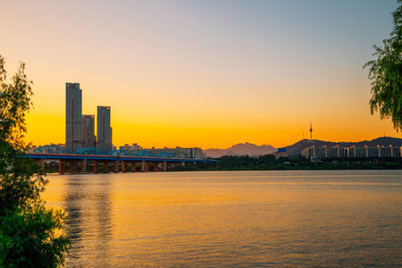 Sunset of Dongjak Bridge and Seoul city with Han River from Banpo Hangang Park in Seoul, Koreaのeditorial素材