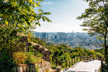 Seoul city panoramic view from Namsan Park walk way in Seoul, Koreaのeditorial素材
