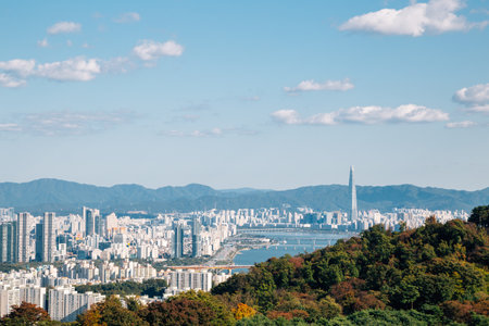 Panoramic view of Seoul city and mountains from Namsan tower in Seoul, Koreaのeditorial素材