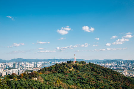 Panoramic view of Seoul city and mountains from Namsan tower in Seoul, Koreaのeditorial素材