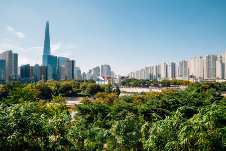 Seoul, Korea - October 6, 2020 : Olympic park green forest and Seoul cityscapeのeditorial素材