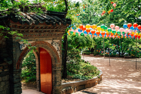 Gilsangsa temple with Buddha's Birthday colorful lanterns in Seoul, Koreaのeditorial素材