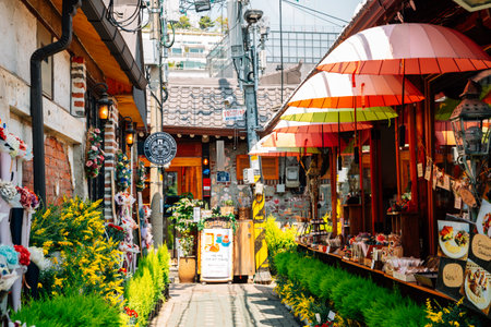 Seoul, Korea - April 29, 2020 : Ikseon-dong Hanok Village. Cafe and restaurant streetのeditorial素材