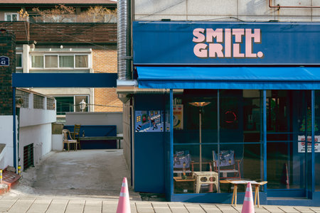 Seoul, Korea - January 3, 2022 : Itaewon Haebangchon restaurant pub cafe street
