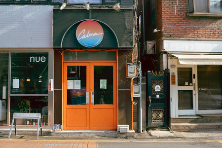 Seoul, Korea - January 3, 2022 : Itaewon Haebangchon restaurant pub cafe street