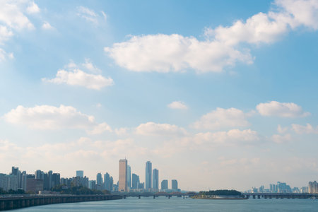 Yeouido city view and Han river park in Seoul, Korea