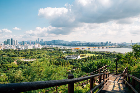 Panoramic view of Seoul city and green forest from Sky park in Koreaのeditorial素材