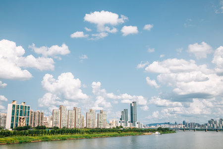 Han river park and modern buildings in Seoul, Koreaのeditorial素材
