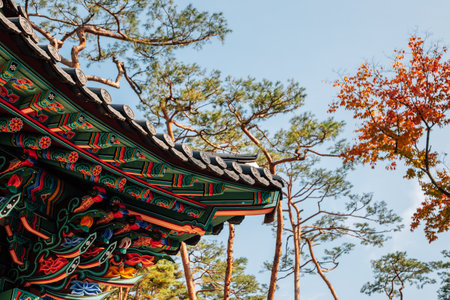 Korean traditional roof eaves at Jingwansa Temple in Seoul, Koreaのeditorial素材