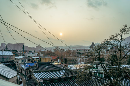 Panoramic view of Bukchon Hanok Village at winter in Seoul, Koreaのeditorial素材