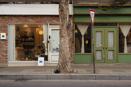 Seoul, Korea - February 18, 2022 : Hongdae Yeonnam-dong restaurant cafe shopping cultural street