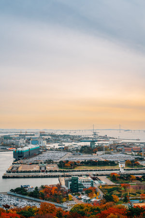 Panoramic view of Incheon port at sunset in Incheon, Korea